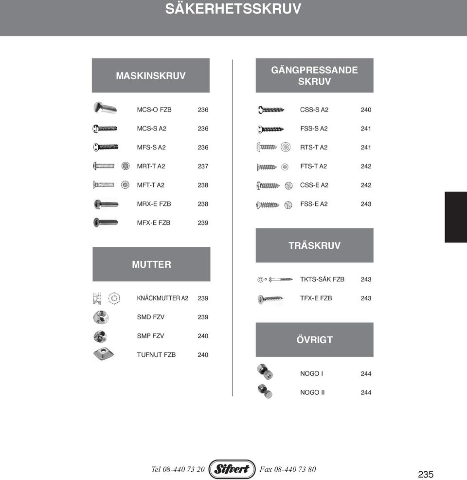 242 MRX-E FZB 238 FSS-E A2 243 MFX-E FZB 239 TRÄSKRUV MUTTER TKTS-SÄK FZB 243 KNÄCKMUTTER