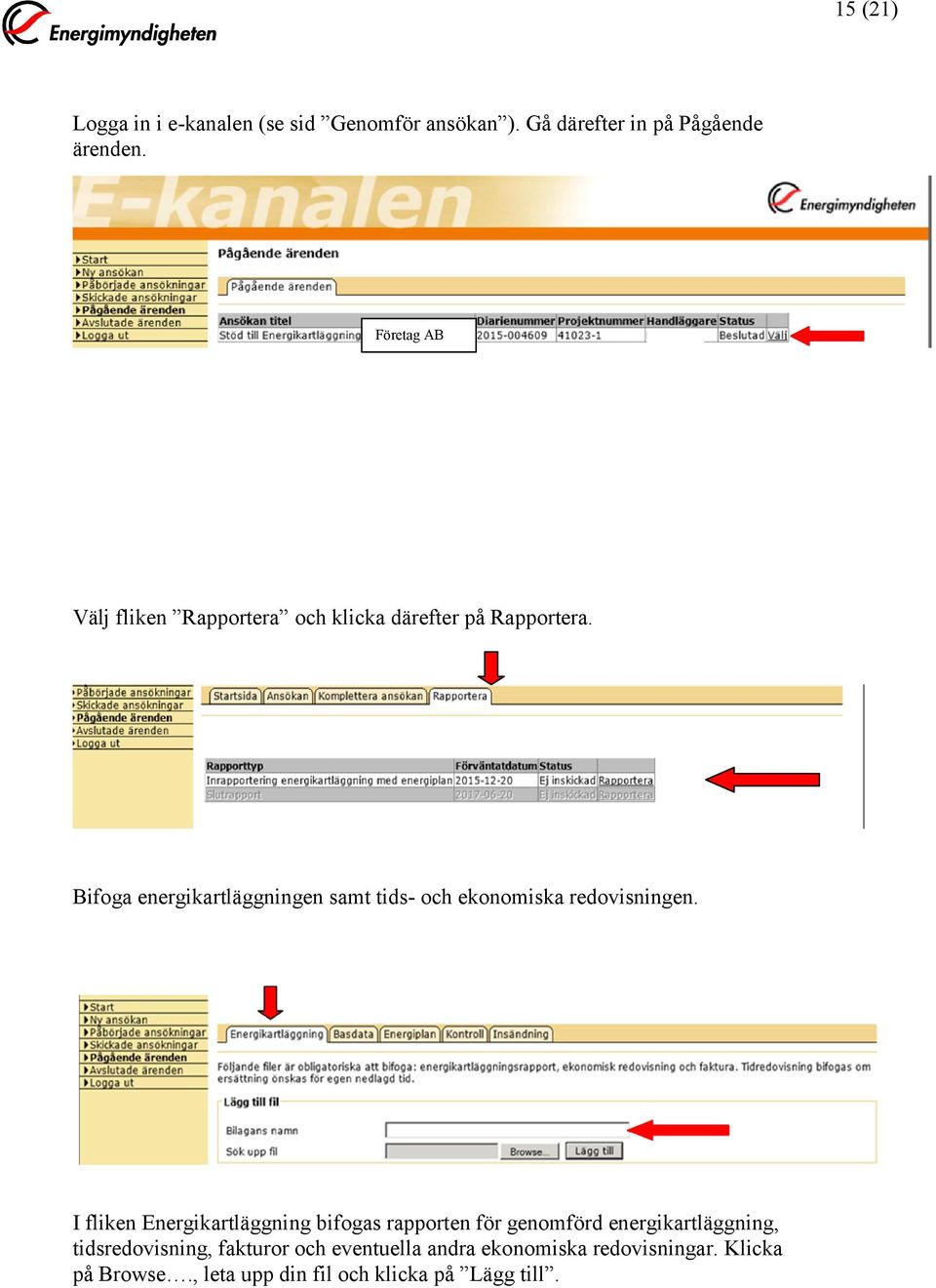 Bifoga energikartläggningen samt tids- och ekonomiska redovisningen.