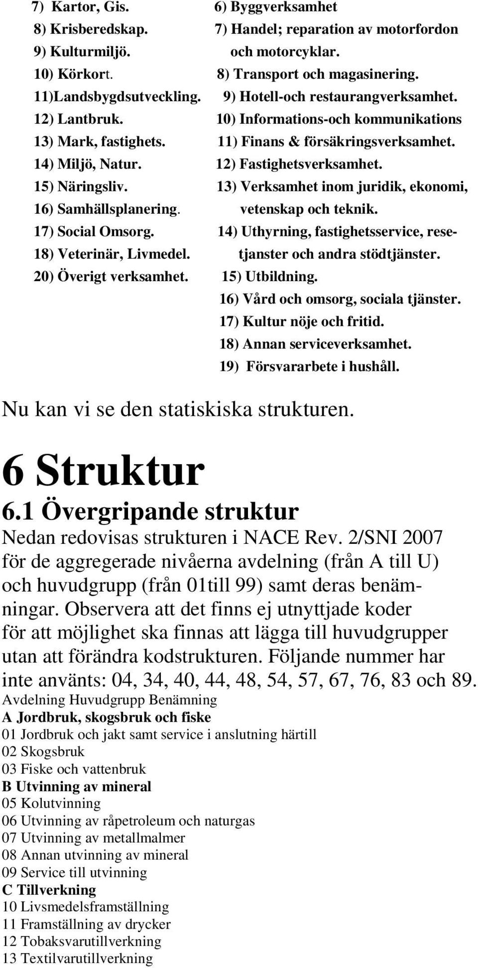15) Näringsliv. 13) Verksamhet inom juridik, ekonomi, 16) Samhällsplanering. vetenskap och teknik. 17) Social Omsorg. 14) Uthyrning, fastighetsservice, rese- 18) Veterinär, Livmedel.