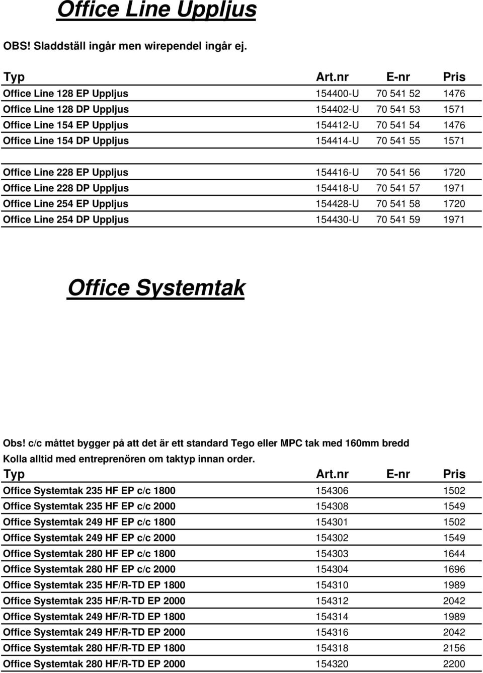 1571 Office Line 228 EP Uppljus 154416-U 70 541 56 1720 Office Line 228 DP Uppljus 154418-U 70 541 57 1971 Office Line 254 EP Uppljus 154428-U 70 541 58 1720 Office Line 254 DP Uppljus 154430-U 70