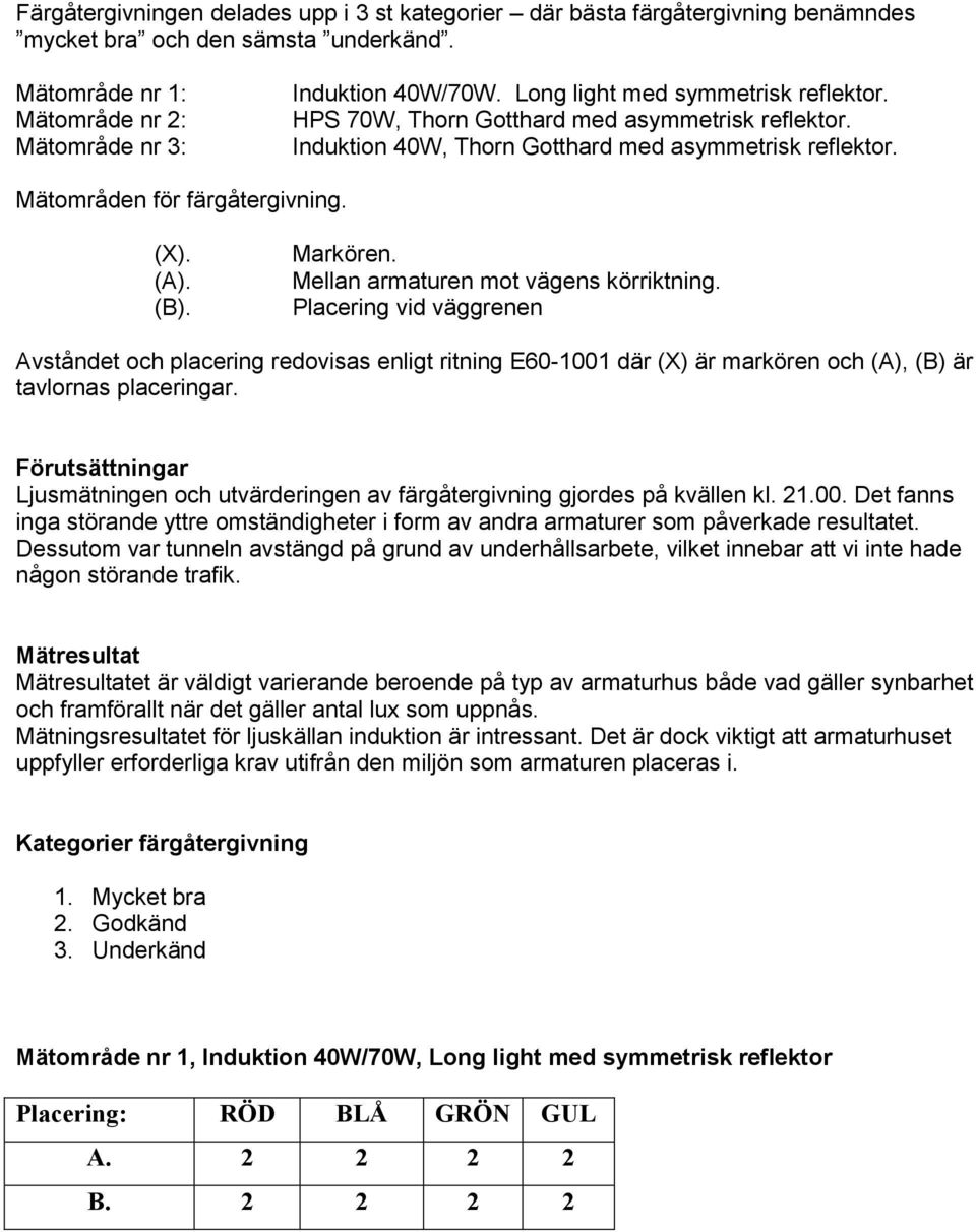 Markören. Mellan armaturen mot vägens körriktning. Placering vid väggrenen Avståndet och placering redovisas enligt ritning E60-1001 där (X) är markören och (A), (B) är tavlornas placeringar.
