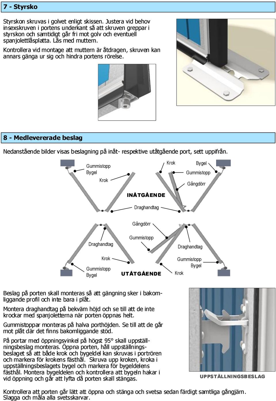 Kontrollera vid montage att muttern är åtdragen, skruven kan annars gänga ur sig och hindra portens rörelse.
