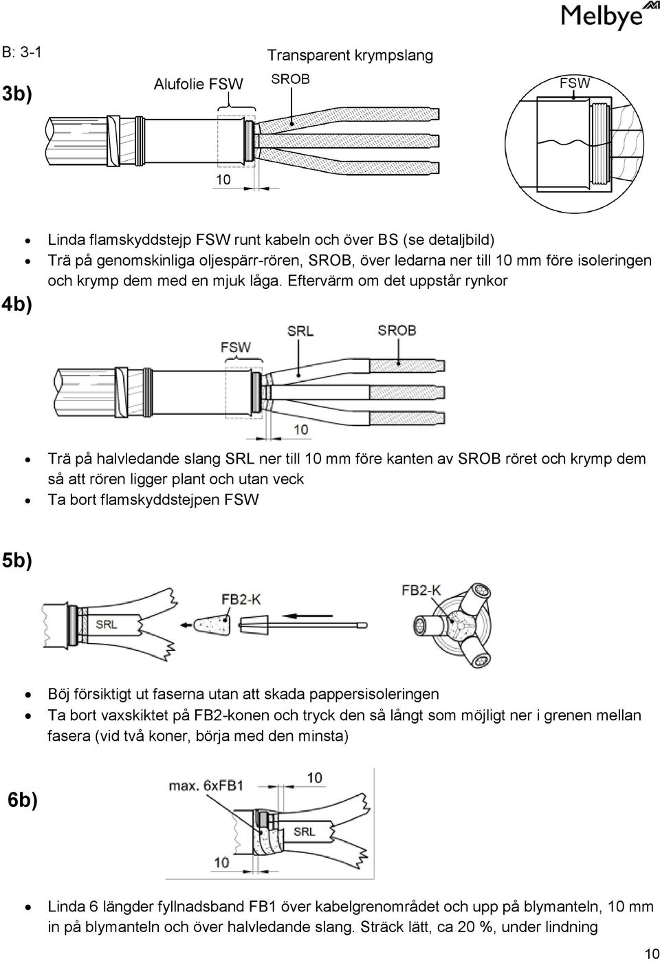 Eftervärm om det uppstår rynkor Trä på halvledande slang SRL ner till 10 mm före kanten av SROB röret och krymp dem så att rören ligger plant och utan veck Ta bort flamskyddstejpen FSW 5b) Böj