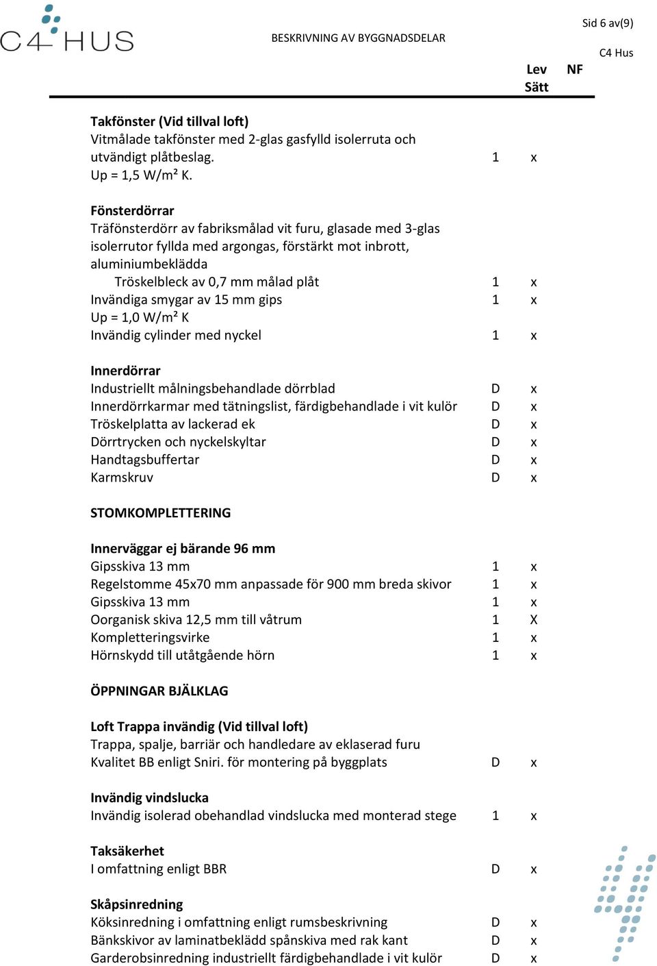 smygar av 15 mm gips 1 x Up = 1,0 W/m² K Invändig cylinder med nyckel 1 x Innerdörrar Industriellt målningsbehandlade dörrblad D x Innerdörrkarmar med tätningslist, färdigbehandlade i vit kulör D x