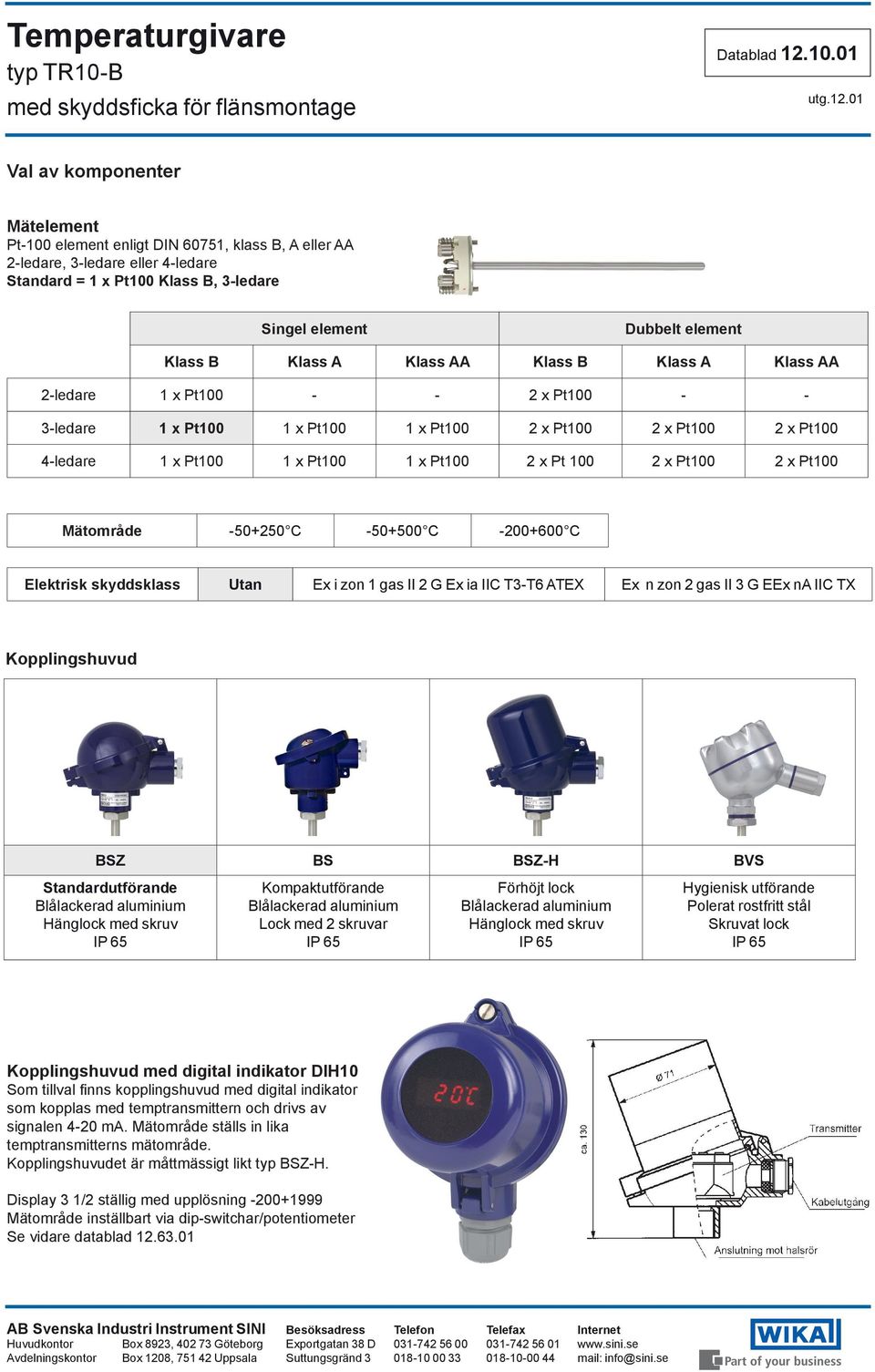 x Pt100 2 x Pt100 Mätområde -50+250 C -50+500 C -200+600 C Elektrisk skyddsklass Utan Ex i zon 1 gas II 2 G Ex ia IIC T3-T6 ATEX Ex n zon 2 gas II 3 G EEx na IIC TX Kopplingshuvud BSZ BS BSZ-H BVS