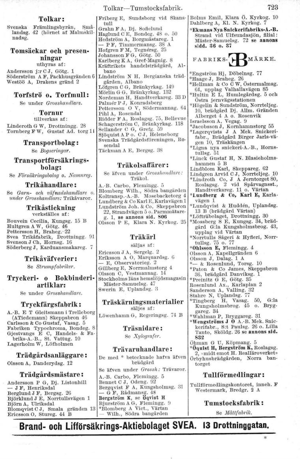 torg 11 Transportbolag : Se Bogseringar. Transportförsäkringsbolag: Se Försäkringsbolag o. Numnreq. Trikåhandlare : Se Garn- och väfnadshandlare o. under Grosslumdlore: Trikåvaror.