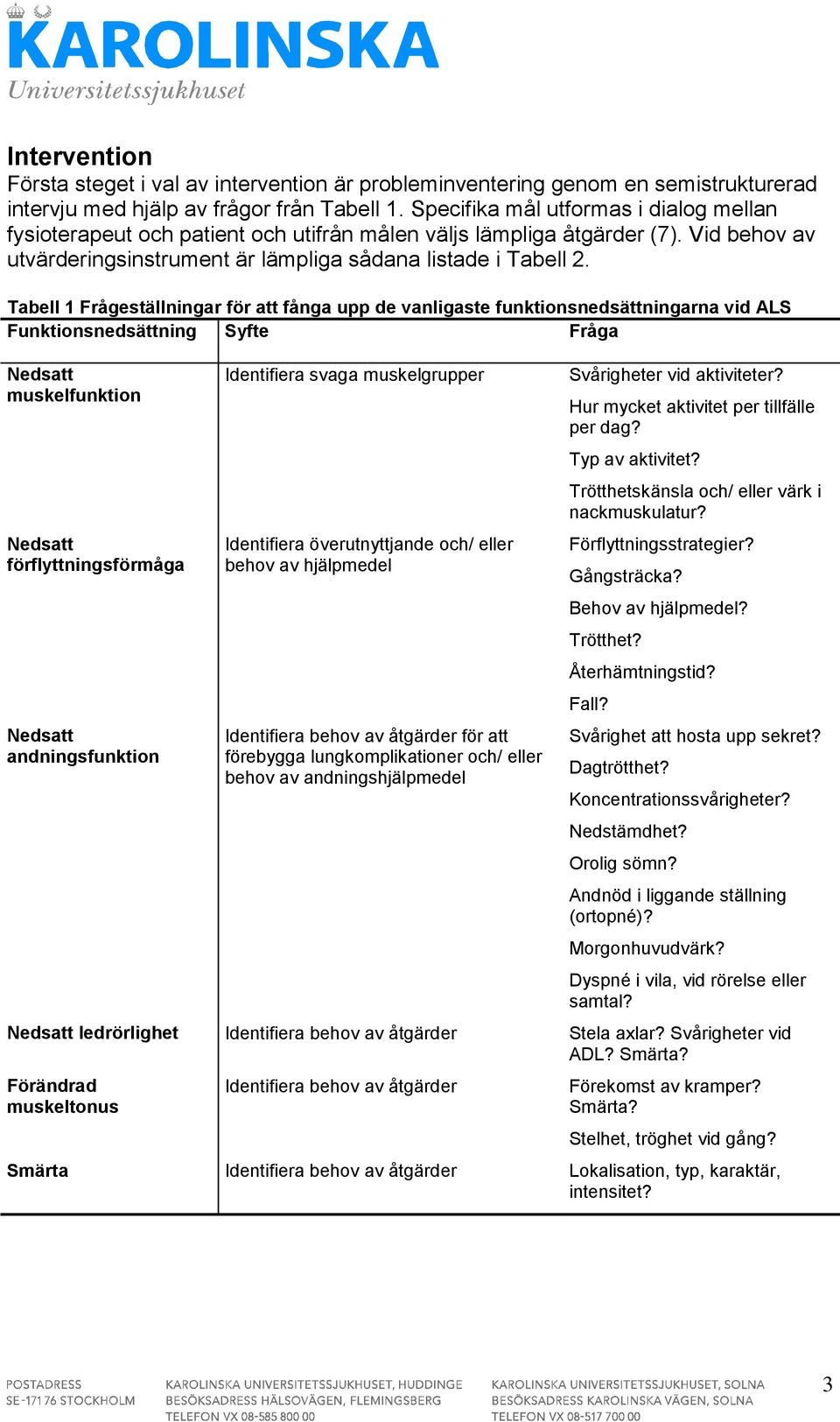 Tabell 1 Frågeställningar för att fånga upp de vanligaste funktionsnedsättningarna vid ALS Funktionsnedsättning Syfte Fråga muskelfunktion förflyttningsförmåga andningsfunktion Identifiera svaga