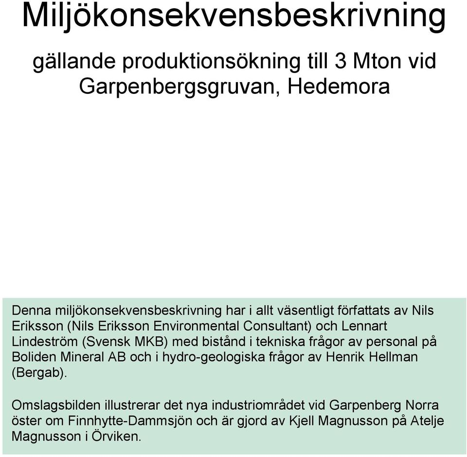 i tekniska frågor av personal på Boliden Mineral AB och i hydro-geologiska frågor av Henrik Hellman (Bergab).