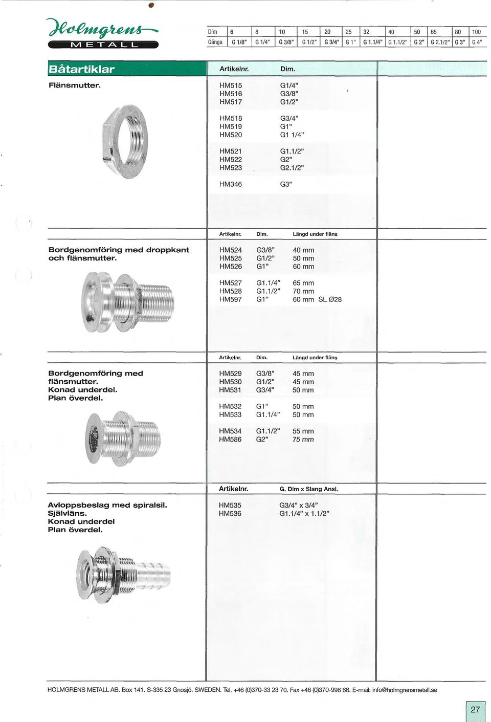 HM524 HM525 HM526 G3/8" G1/2" G1 " 40 mm 50 mm 60 mm HM527 HM528 HM597 G1.1/4" 65 mm G1.1 /2" 70 mm G1" 60 mm SL028 Längd under fläns Bordgenomföring med flänsmutter. Konad underdel. Plan överdel.
