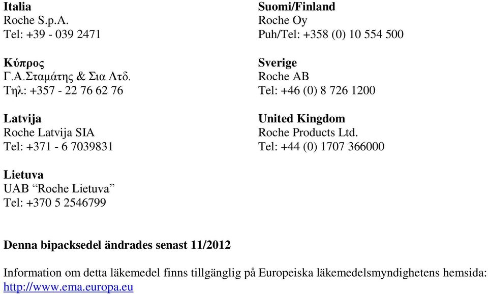Sverige Roche AB Tel: +46 (0) 8 726 1200 United Kingdom Roche Products Ltd.