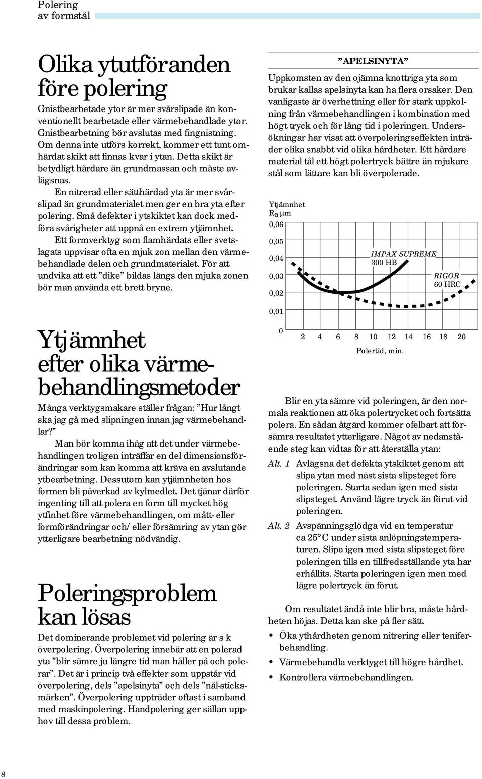 En nitrerad eller sätthärdad yta är mer svårslipad än grundmaterialet men ger en bra yta efter polering. Små defekter i ytskiktet kan dock medföra svårigheter att uppnå en extrem ytjämnhet.