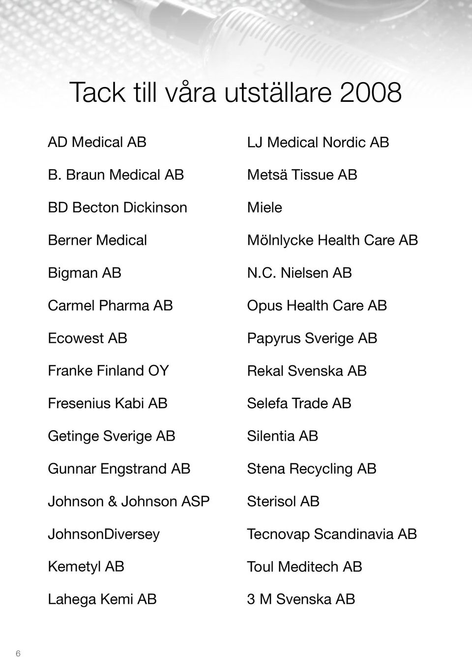 Sverige AB Gunnar Engstrand AB Johnson & Johnson ASP JohnsonDiversey Kemetyl AB Lahega Kemi AB LJ Medical Nordic AB Metsä Tissue AB