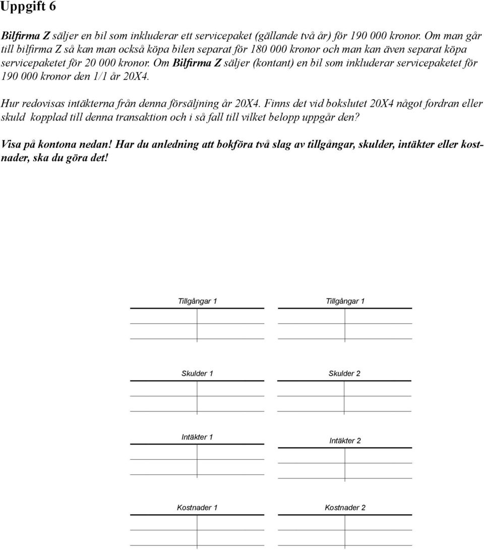 Om Bilfirma Z säljer (kontant) en bil som inkluderar servicepaketet för 190 000 kronor den 1/1 år 20X4. Hur redovisas intäkterna från denna försäljning år 20X4.