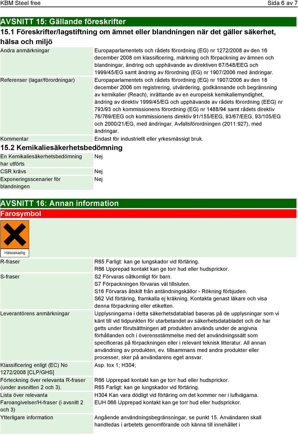 om klassificering, märkning och förpackning av ämnen och blandningar, ändring och upphävande av direktiven 67/548/EEG och 1999/45/EG samt ändring av förordning (EG) nr 1907/2006 med ändringar.