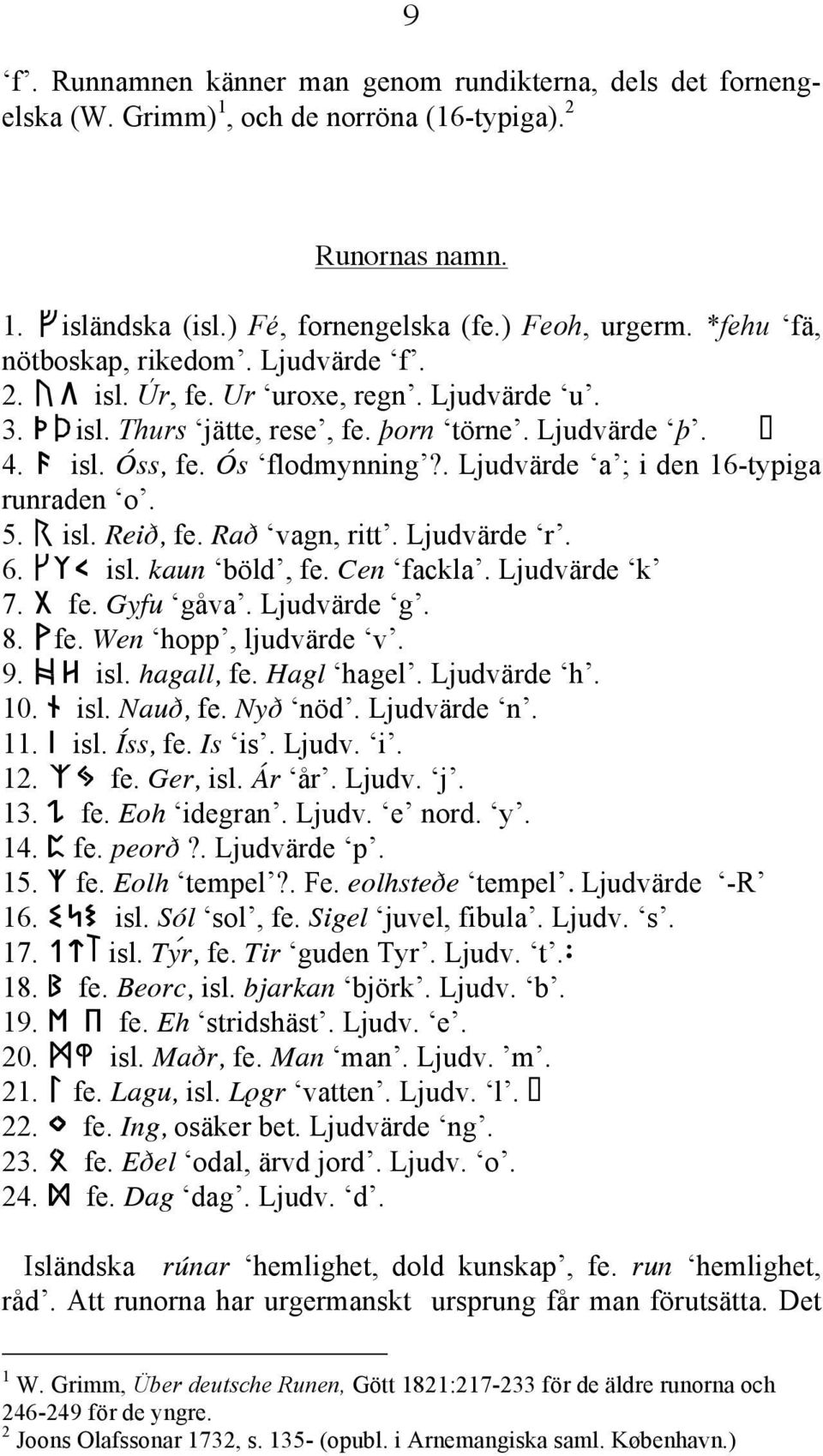 . Ljudvärde a ; i den 16-typiga runraden o. 5. R isl. Rei, fe. Ra vagn, ritt. Ljudvärde r. 6. QyC isl. kaun böld, fe. Cen fackla. Ljudvärde k 7. G fe. Gyfu gåva. Ljudvärde g. 8. Vfe.