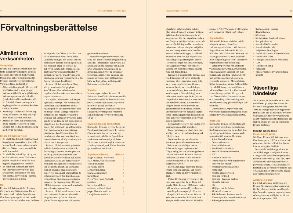 Våra instiftade ändamål är: Att genomföra projekt i krigs- och konfliktområden som främjar kvinnors självtillit och självkänsla, kvinnors psykosociala och/eller fysiska hälsa eller medverkar till att