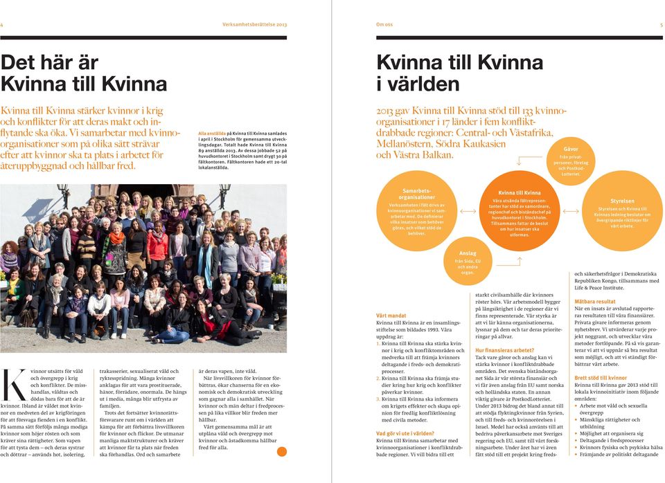 Alla anställda på Kvinna till Kvinna samlades i april i Stockholm för gemensamma utvecklingsdagar. Totalt hade Kvinna till Kvinna 89 anställda 2013.