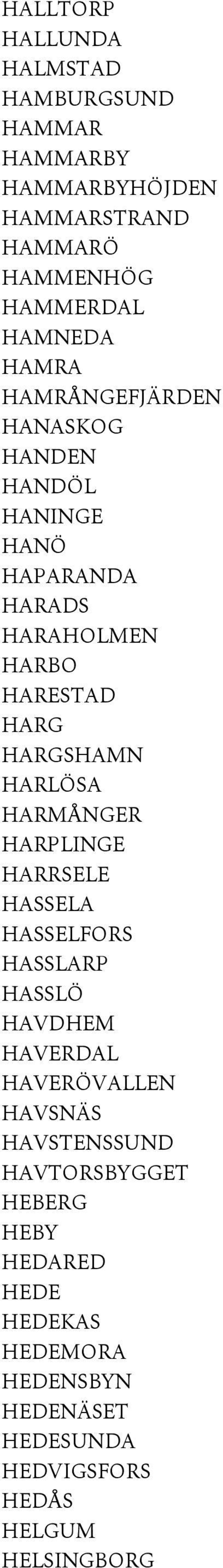 HARLÖSA HARMÅNGER HARPLINGE HARRSELE HASSELA HASSELFORS HASSLARP HASSLÖ HAVDHEM HAVERDAL HAVERÖVALLEN HAVSNÄS