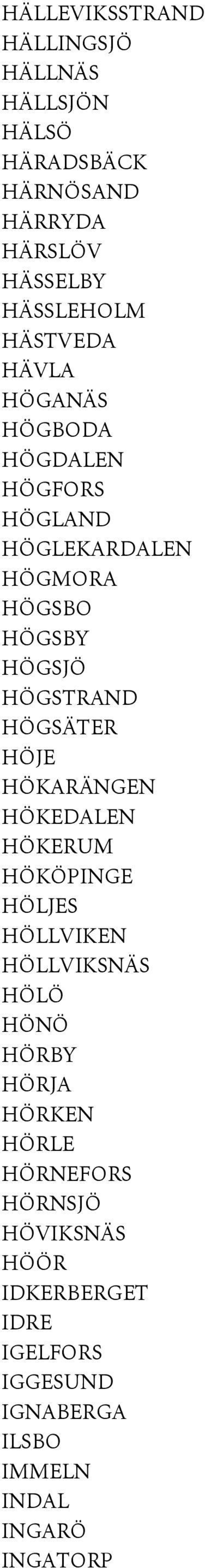 HÖGSÄTER HÖJE HÖKARÄNGEN HÖKEDALEN HÖKERUM HÖKÖPINGE HÖLJES HÖLLVIKEN HÖLLVIKSNÄS HÖLÖ HÖNÖ HÖRBY HÖRJA HÖRKEN