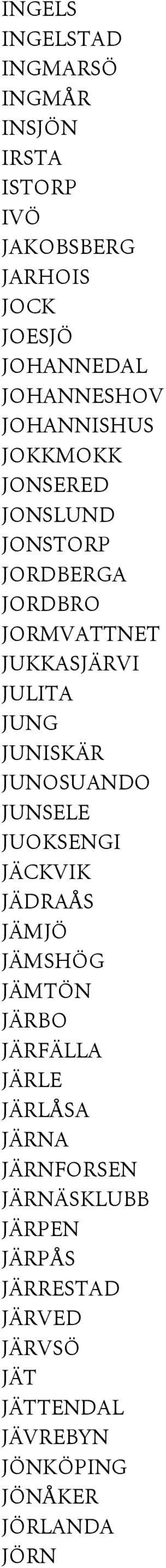 JUNG JUNISKÄR JUNOSUANDO JUNSELE JUOKSENGI JÄCKVIK JÄDRAÅS JÄMJÖ JÄMSHÖG JÄMTÖN JÄRBO JÄRFÄLLA JÄRLE JÄRLÅSA