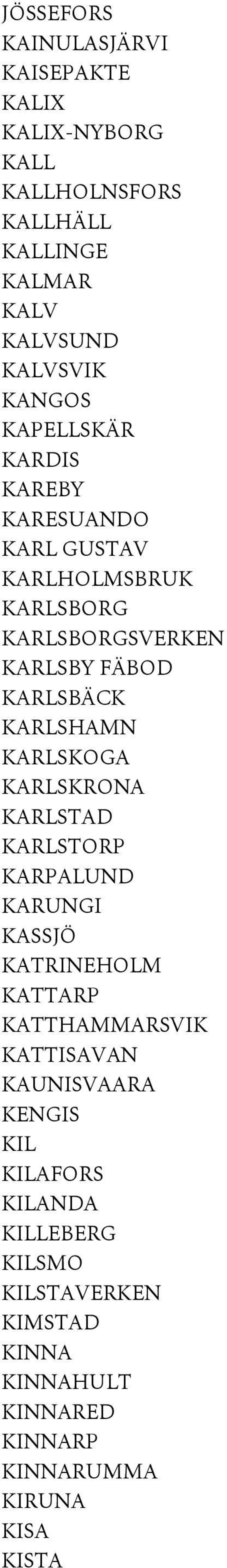 KARLSHAMN KARLSKOGA KARLSKRONA KARLSTAD KARLSTORP KARPALUND KARUNGI KASSJÖ KATRINEHOLM KATTARP KATTHAMMARSVIK KATTISAVAN