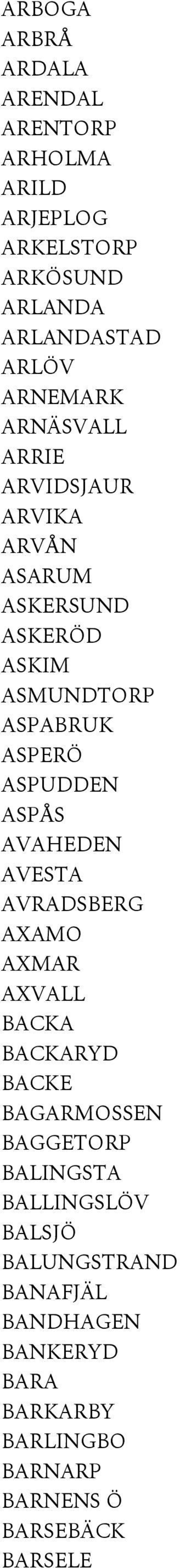 ASPUDDEN ASPÅS AVAHEDEN AVESTA AVRADSBERG AXAMO AXMAR AXVALL BACKA BACKARYD BACKE BAGARMOSSEN BAGGETORP