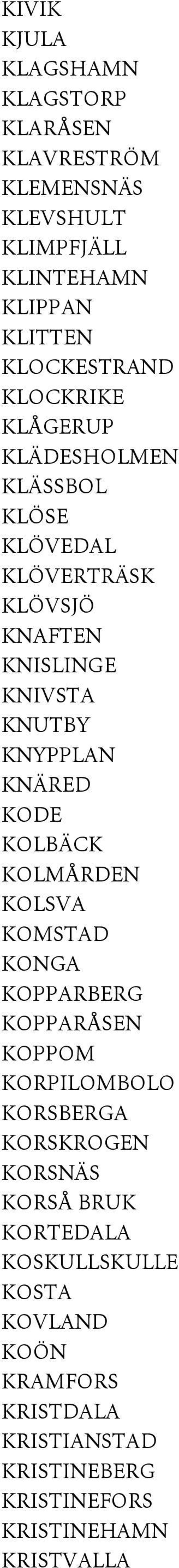 KODE KOLBÄCK KOLMÅRDEN KOLSVA KOMSTAD KONGA KOPPARBERG KOPPARÅSEN KOPPOM KORPILOMBOLO KORSBERGA KORSKROGEN KORSNÄS KORSÅ