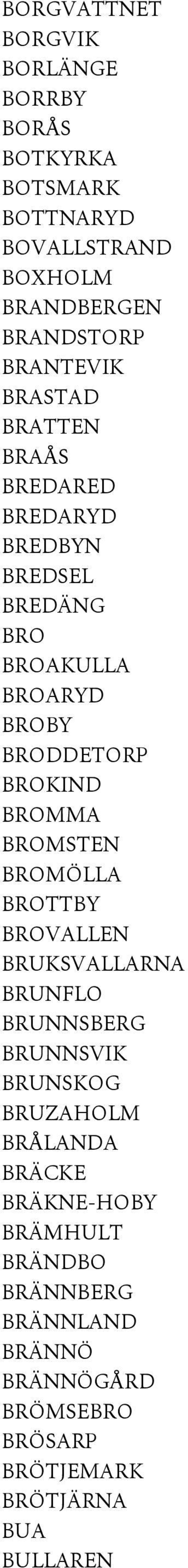 BROKIND BROMMA BROMSTEN BROMÖLLA BROTTBY BROVALLEN BRUKSVALLARNA BRUNFLO BRUNNSBERG BRUNNSVIK BRUNSKOG BRUZAHOLM