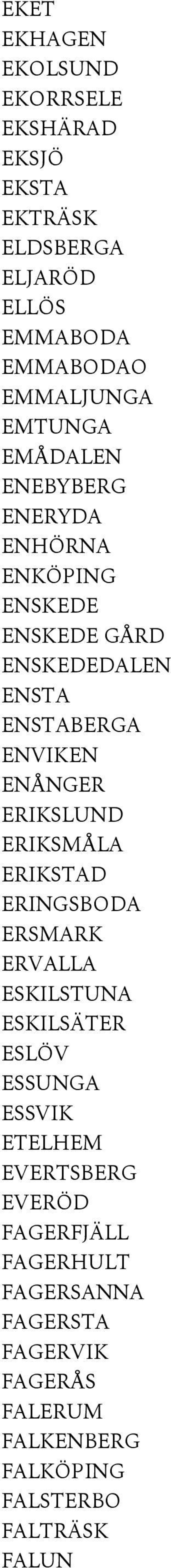 ENÅNGER ERIKSLUND ERIKSMÅLA ERIKSTAD ERINGSBODA ERSMARK ERVALLA ESKILSTUNA ESKILSÄTER ESLÖV ESSUNGA ESSVIK ETELHEM
