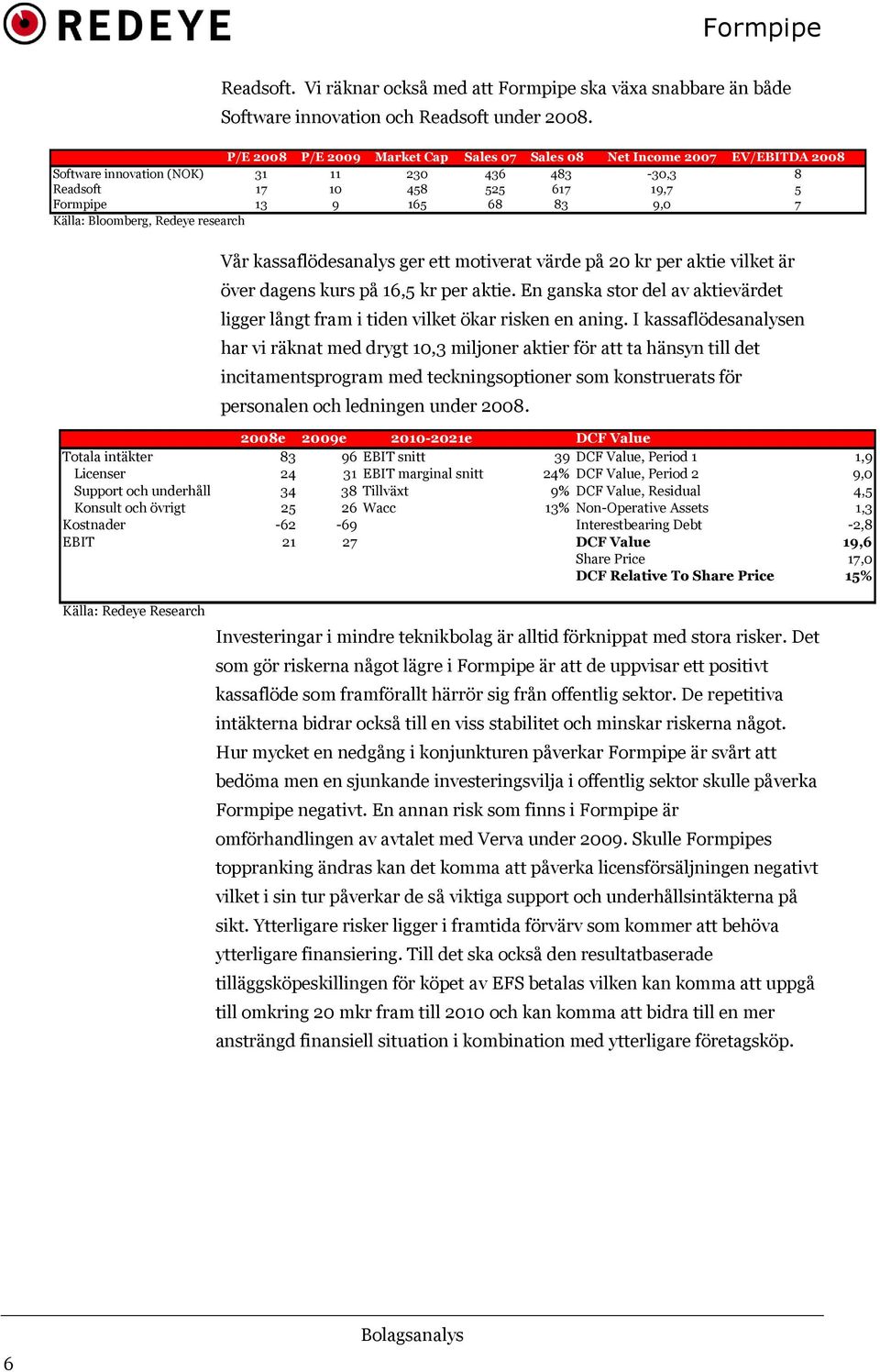 Bloomberg, Redeye research 2008e 2009e 2010-2021e DCF Value Totala intäkter 83 96 EBIT snitt 39 DCF Value, Period 1 1,9 Licenser 24 31 EBIT marginal snitt 24% DCF Value, Period 2 9,0 Support och