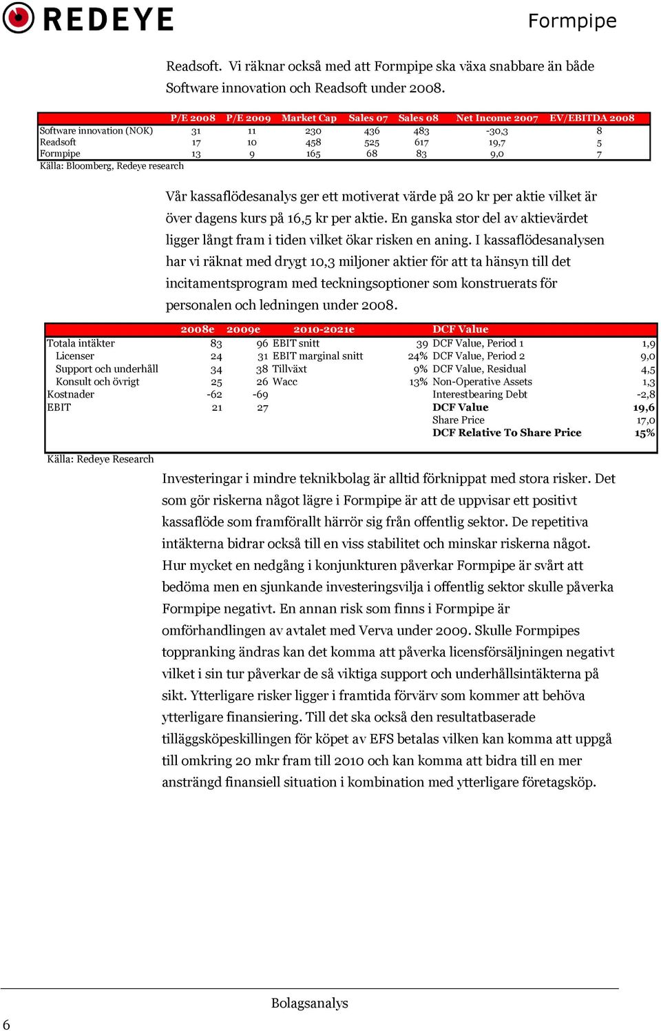 Bloomberg, Redeye research 2008e 2009e 2010-2021e DCF Value Totala intäkter 83 96 EBIT snitt 39 DCF Value, Period 1 1,9 Licenser 24 31 EBIT marginal snitt 24% DCF Value, Period 2 9,0 Support och