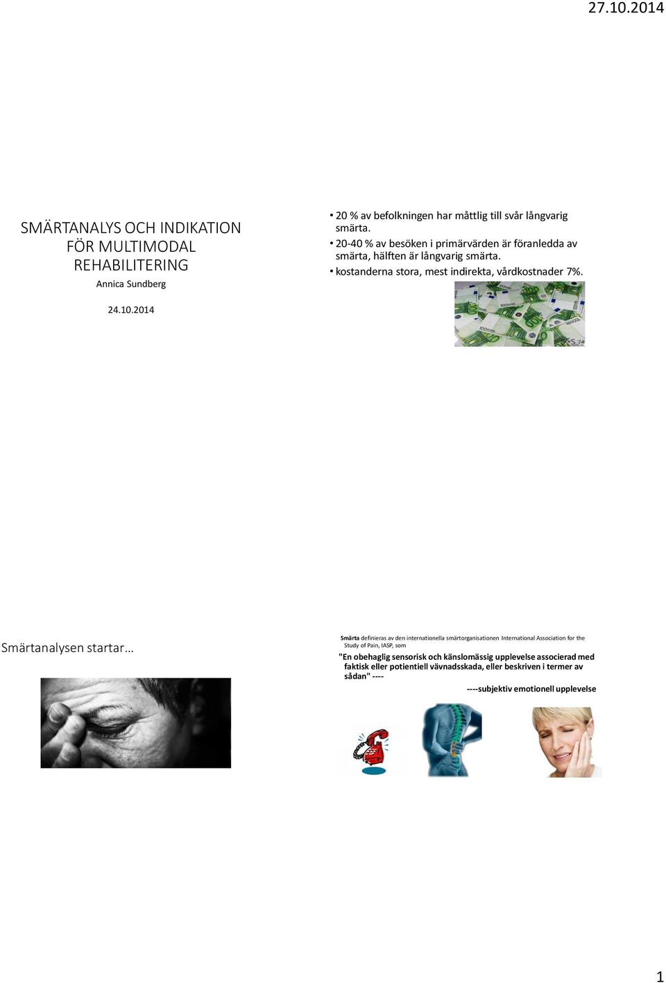 2014 Smärtanalysen startar Smärta definieras av den internationella smärtorganisationen International Association for the Study of Pain, IASP, som "En