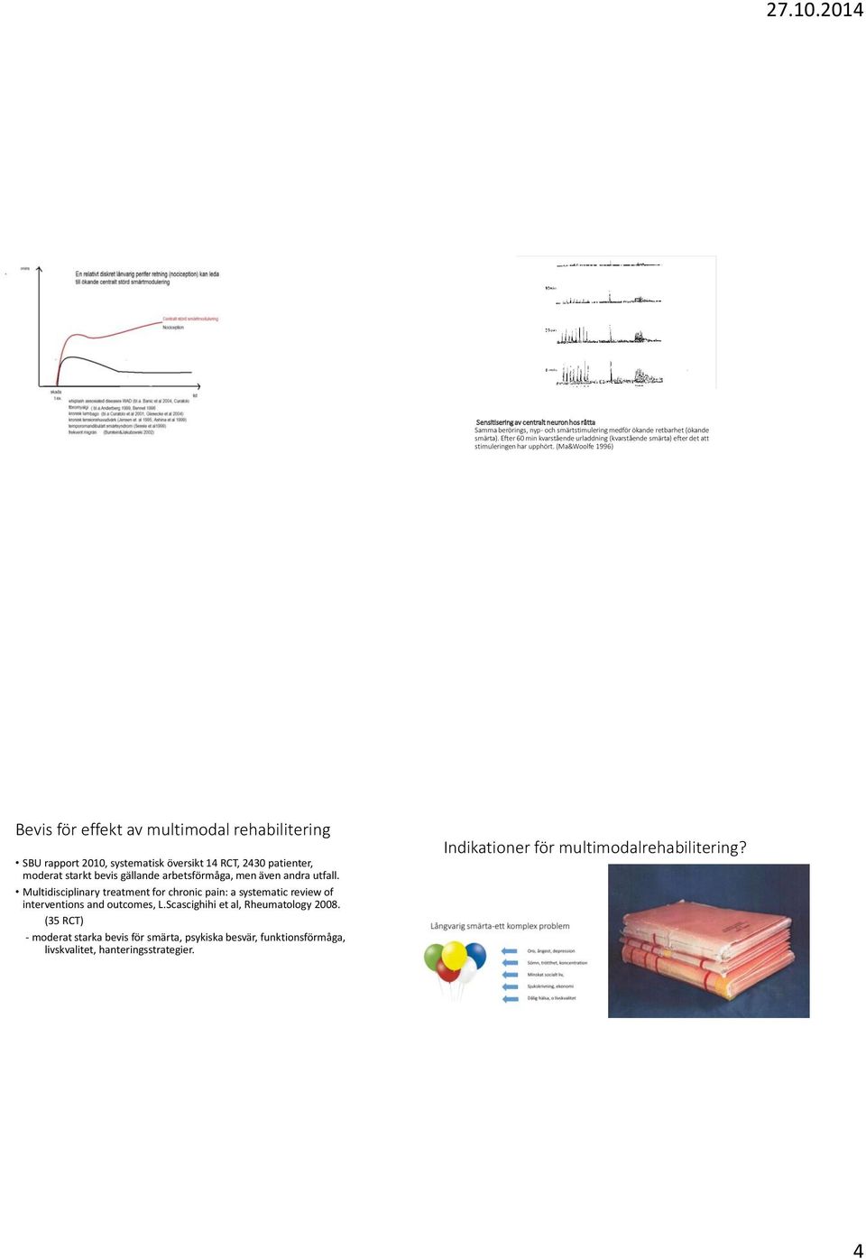 (Ma&Woolfe 1996) Bevis för effekt av multimodal rehabilitering SBU rapport 2010, systematisk översikt 14 RCT, 2430 patienter, moderat starkt bevis gällande arbetsförmåga, men