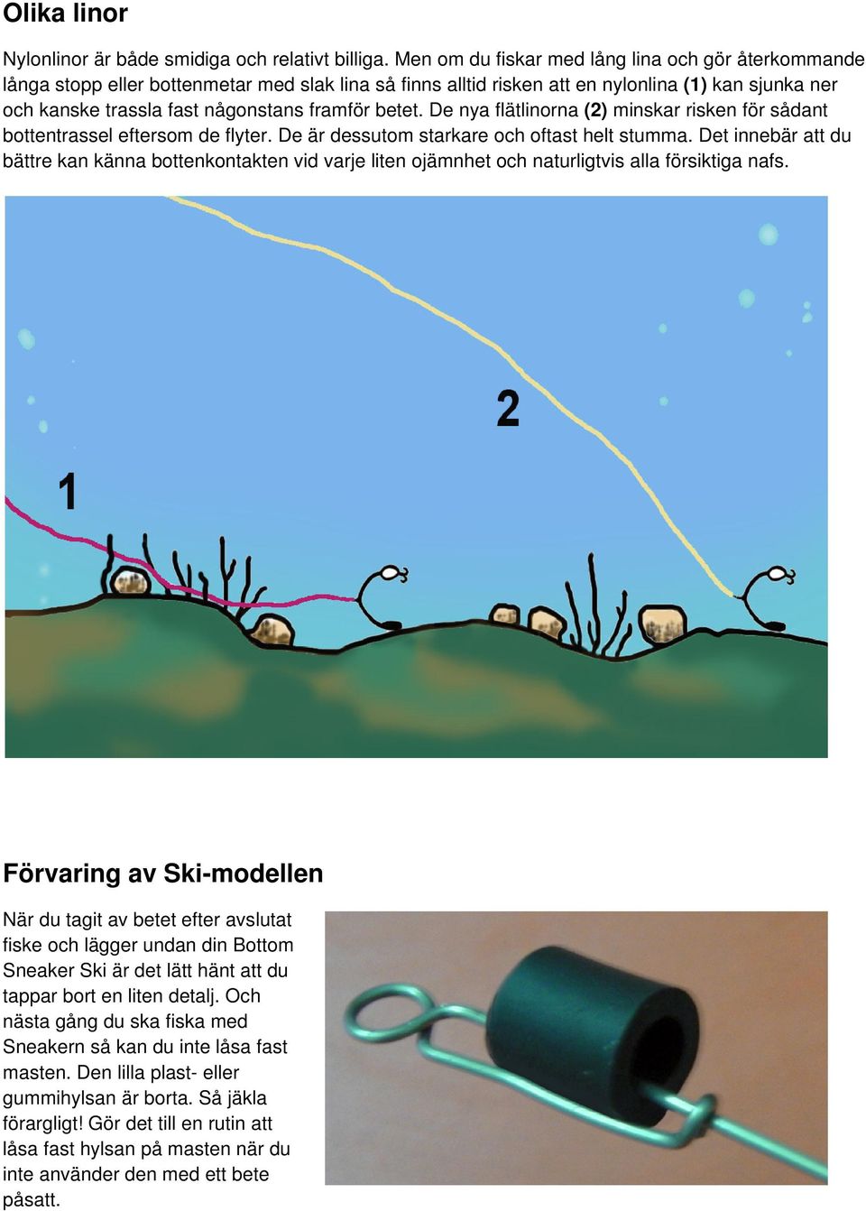 betet. De nya flätlinorna (2) minskar risken för sådant bottentrassel eftersom de flyter. De är dessutom starkare och oftast helt stumma.