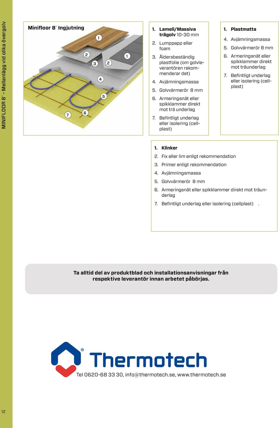 Befintligt underlag eller isolering (cellplast) 1. Plastmatta 3. 4. Avjämningsmassa 5. Golvvärmerör 8 mm 6. Armeringsnät eller spikklammer direkt mot träunderlag 7.