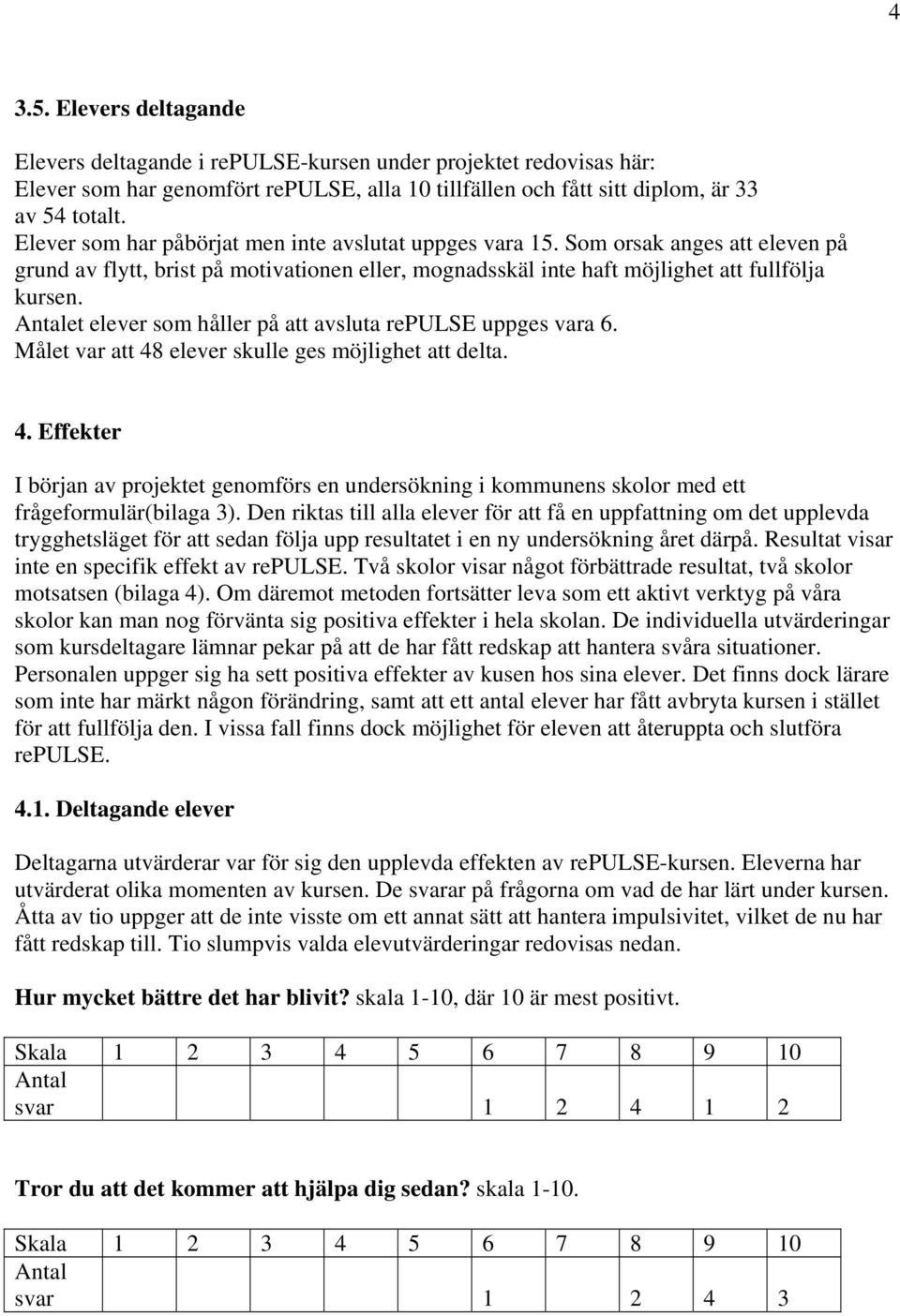 Antalet elever som håller på att avsluta repulse uppges vara 6. Målet var att 48 elever skulle ges möjlighet att delta. 4. Effekter I början av projektet genomförs en undersökning i kommunens skolor med ett frågeformulär(bilaga 3).