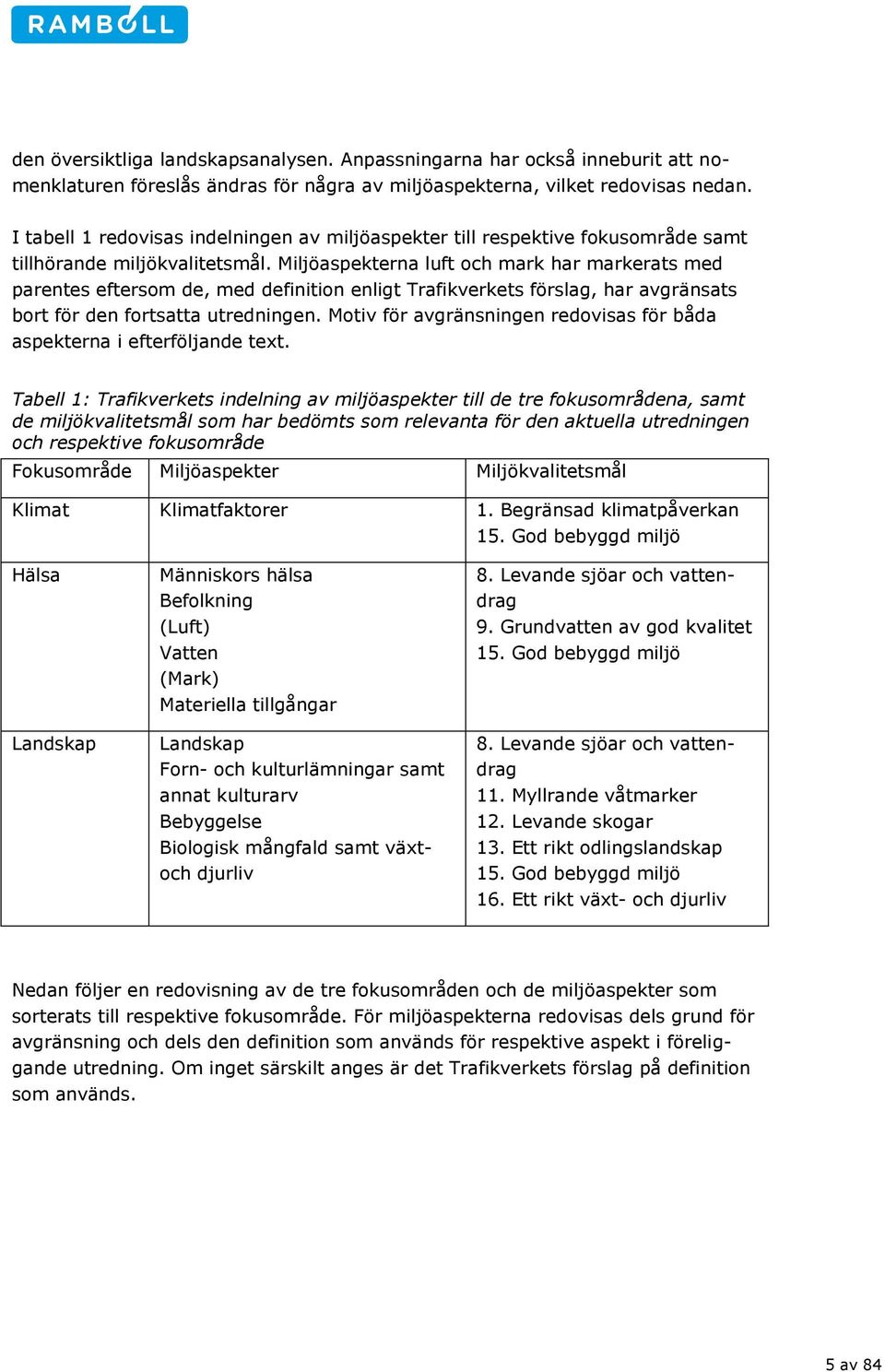 Miljöaspekterna luft och mark har markerats med parentes eftersom de, med definition enligt Trafikverkets förslag, har avgränsats bort för den fortsatta utredningen.