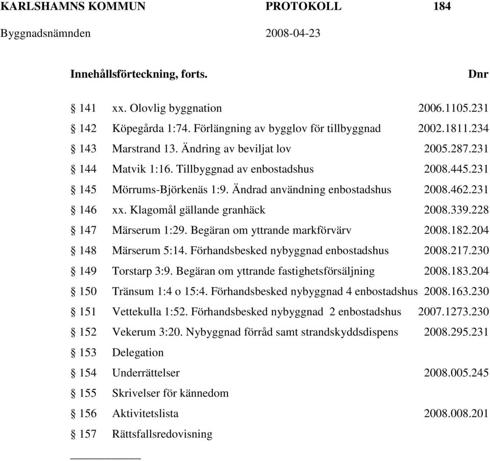 Klagomål gällande granhäck 2008.339.228 147 Märserum 1:29. Begäran om yttrande markförvärv 2008.182.204 148 Märserum 5:14. Förhandsbesked nybyggnad enbostadshus 2008.217.230 149 Torstarp 3:9.