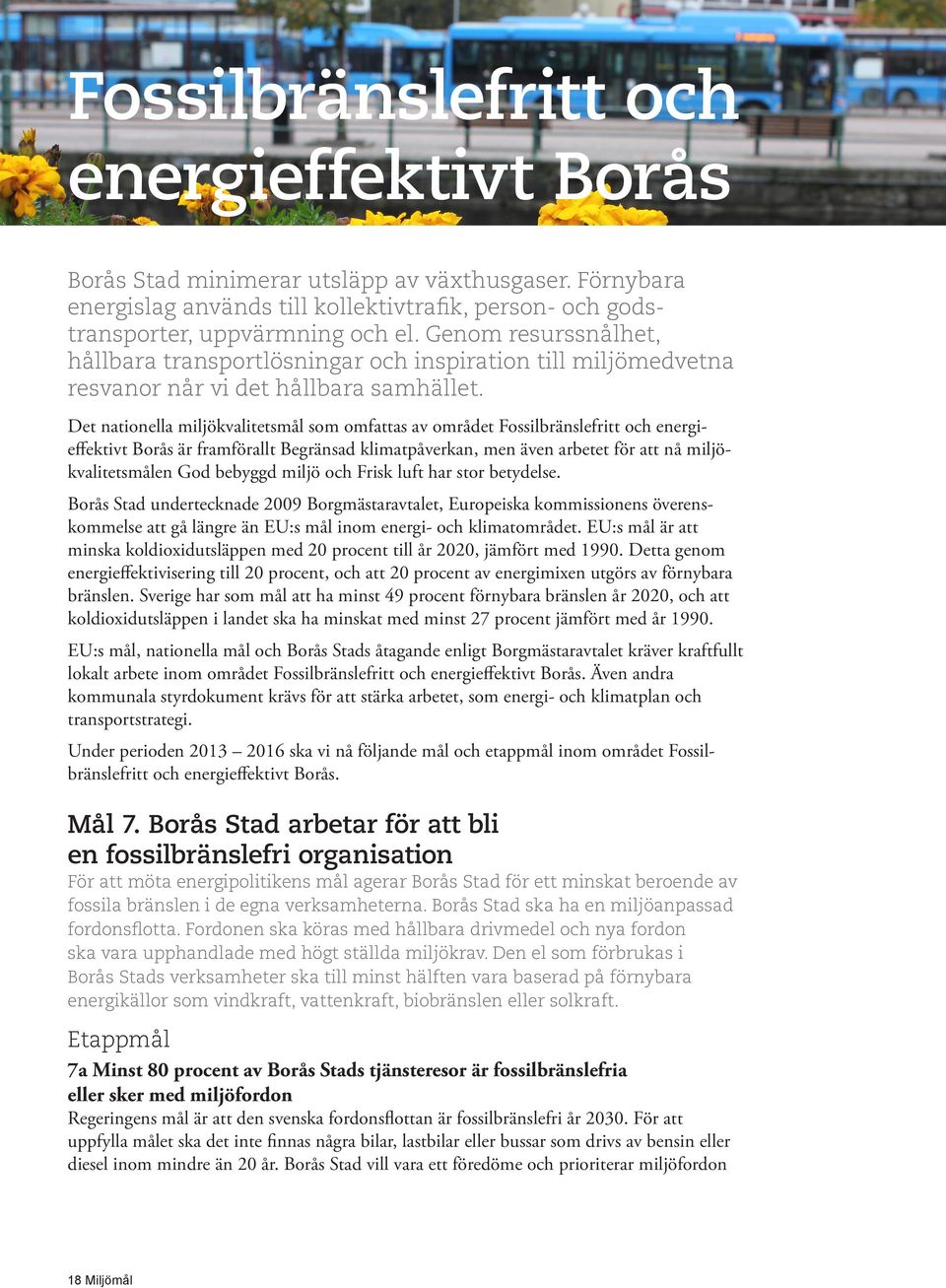 Det nationella miljökvalitetsmål som omfattas av området Fossilbränslefritt och energieffektivt Borås är framförallt Begränsad klimatpåverkan, men även arbetet för att nå miljökvalitetsmålen God