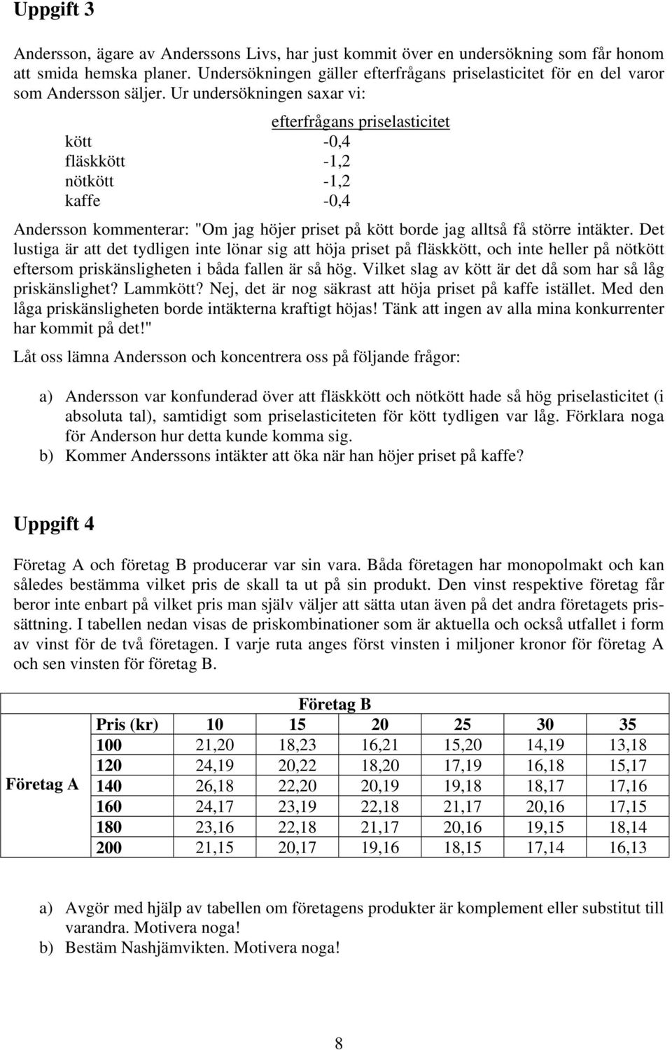 Ur undersökningen saxar vi: efterfrågans priselasticitet kött -0,4 fläskkött -1,2 nötkött -1,2 kaffe -0,4 Andersson kommenterar: "Om jag höjer priset på kött borde jag alltså få större intäkter.