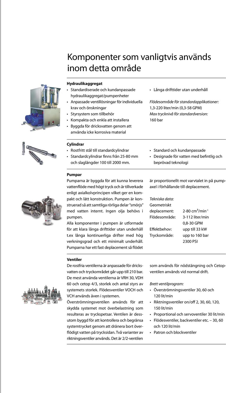 1,3-220 liter/min (0,3-58 GPM) Max trycknivå för standardversion: 160 bar Cylindrar Rostfritt stål till standardcylindrar Standardcylindrar finns från 25-80 mm och slaglängder 100 till 2000 mm.