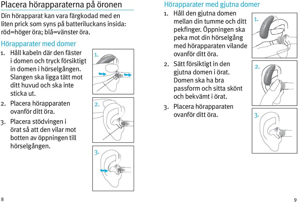 Placera stödvingen i örat så att den vilar mot botten av öppningen till hörselgången. 3. Hörapparater med gjutna domer 1. Håll den gjutna domen mellan din tumme och ditt 1. pekfinger.