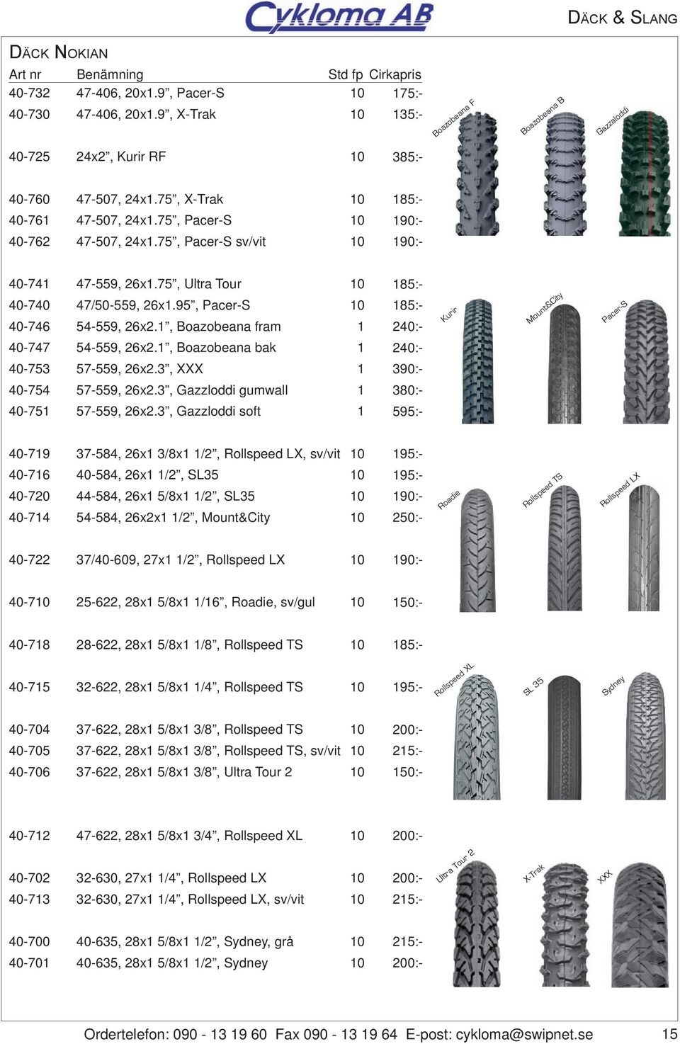75, Pacer-S sv/vit 0 90:- 40-74 40-740 40-746 47-559, 26x.75, Ultra Tour 47/50-559, 26x.95, Pacer-S 54-559, 26x2., Boazobeana fram 0 0 85:- 85:- 240:- Kurir Mount&City Pacer-S 40-747 54-559, 26x2.