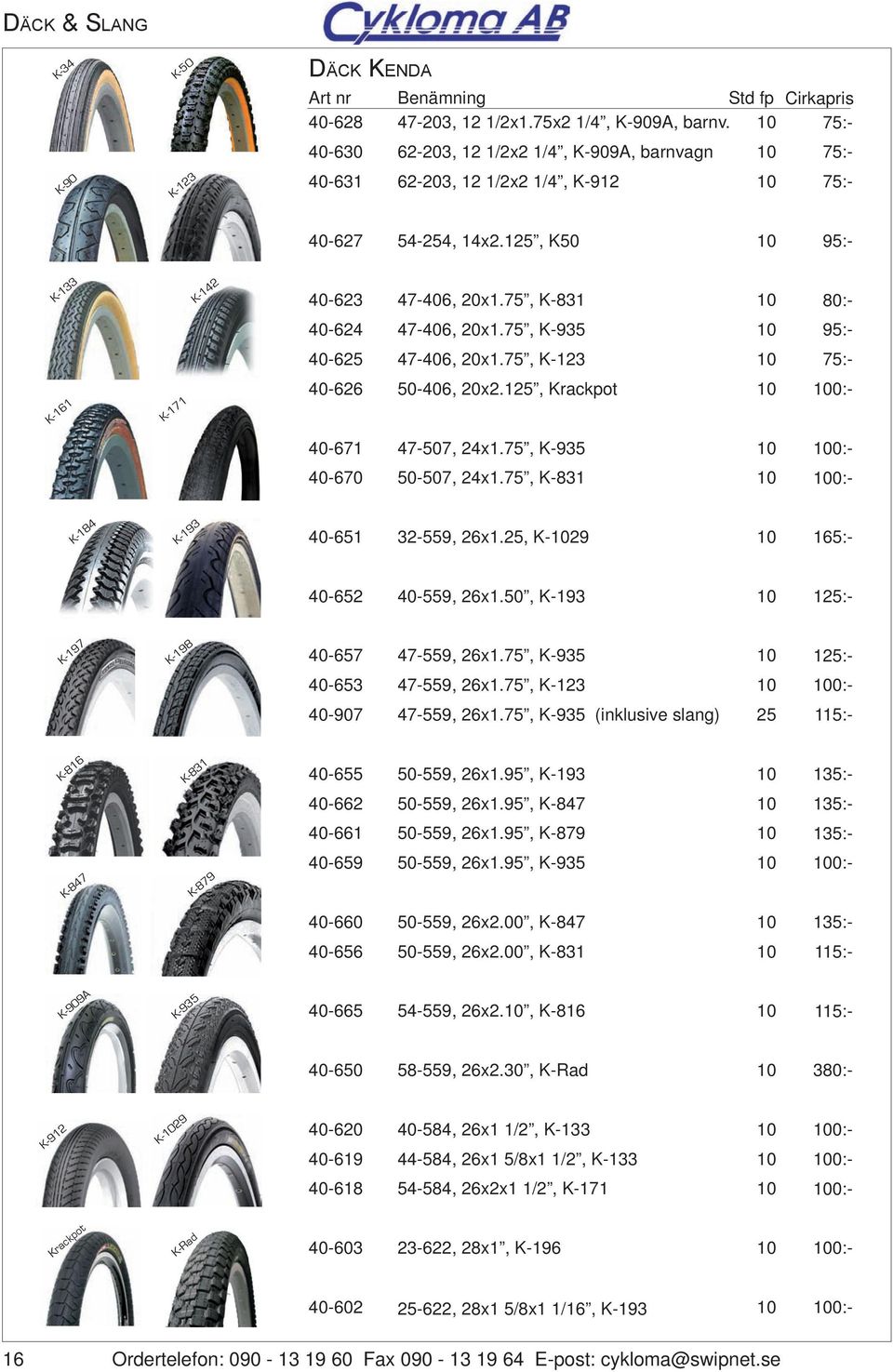 75, K-83 0 80:- 40-624 47-406, 20x.75, K-935 0 95:- 40-625 47-406, 20x.75, K-23 0 75:- K-6 K-7 40-626 50-406, 20x2.25, Krackpot 0 00:- 40-67 47-507, 24x.75, K-935 0 00:- 40-670 50-507, 24x.