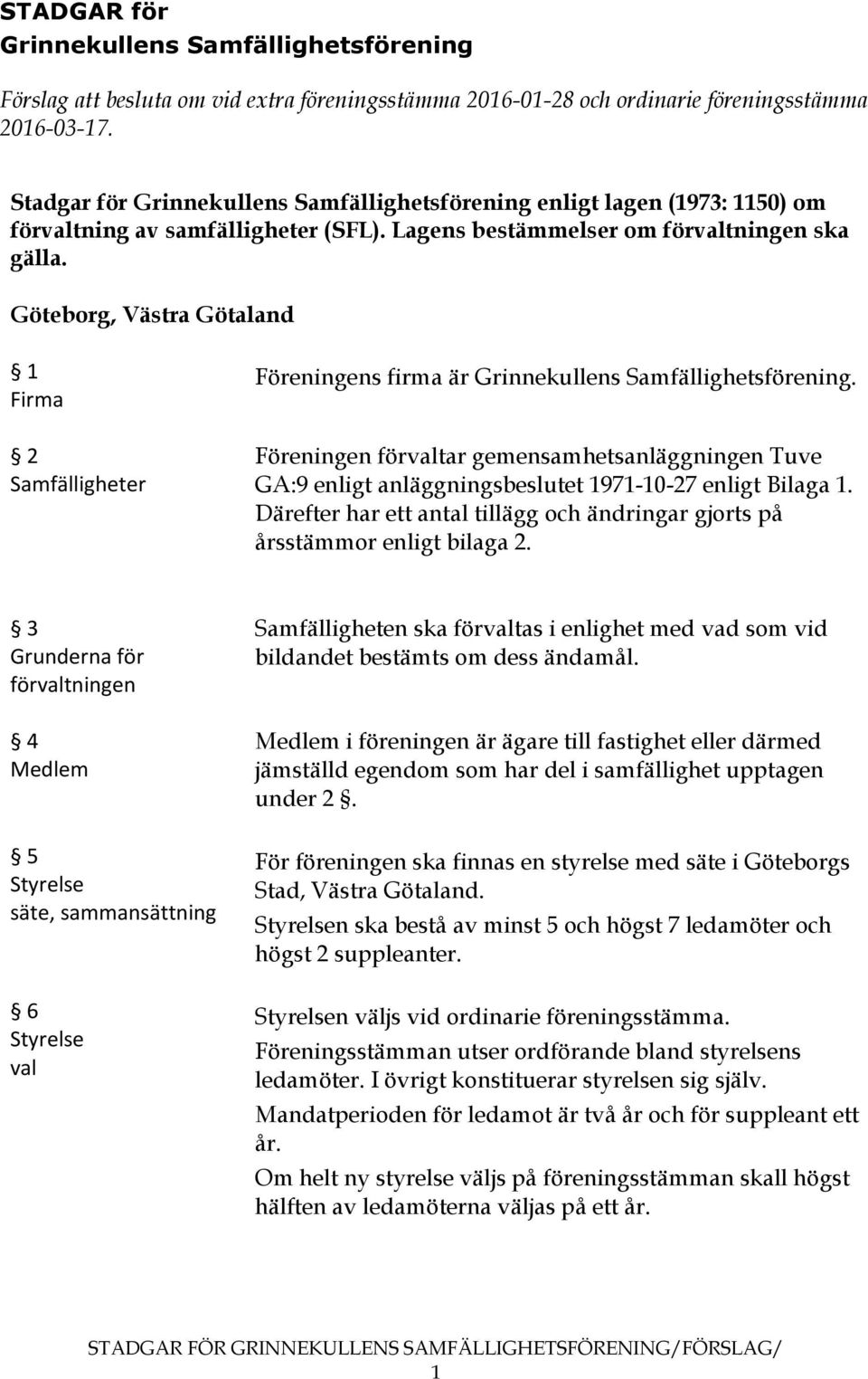 Göteborg, Västra Götaland 1 Firma 2 Samfälligheter Föreningens firma är Grinnekullens Samfällighetsförening.