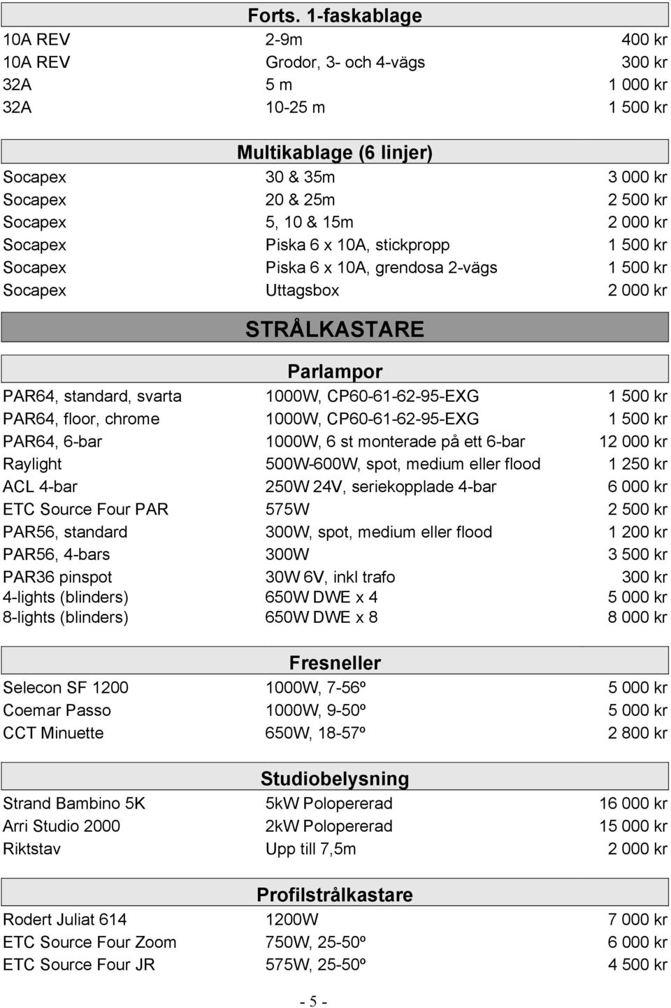 15m 2 000 kr Socapex Piska 6 x 10A, stickpropp 1 500 kr Socapex Piska 6 x 10A, grendosa 2-vägs 1 500 kr Socapex Uttagsbox 2 000 kr STRÅLKASTARE Parlampor PAR64, standard, svarta 1000W,