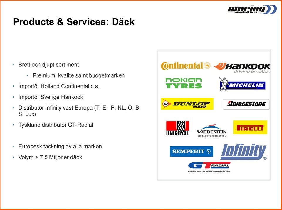 Importör Sverige Hankook Distributör Infinity väst Europa (T; E; P; NL;