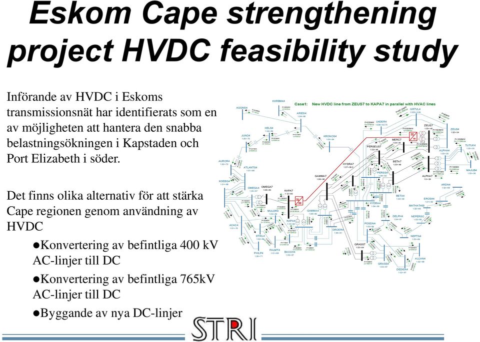 Det finns olika alternativ för att stärka Cape regionen genom användning av HVDC Konvertering av befintliga 400 kv AC-linjer till DC Konvertering av befintliga 765kV AC-linjer till DC Byggande av nya