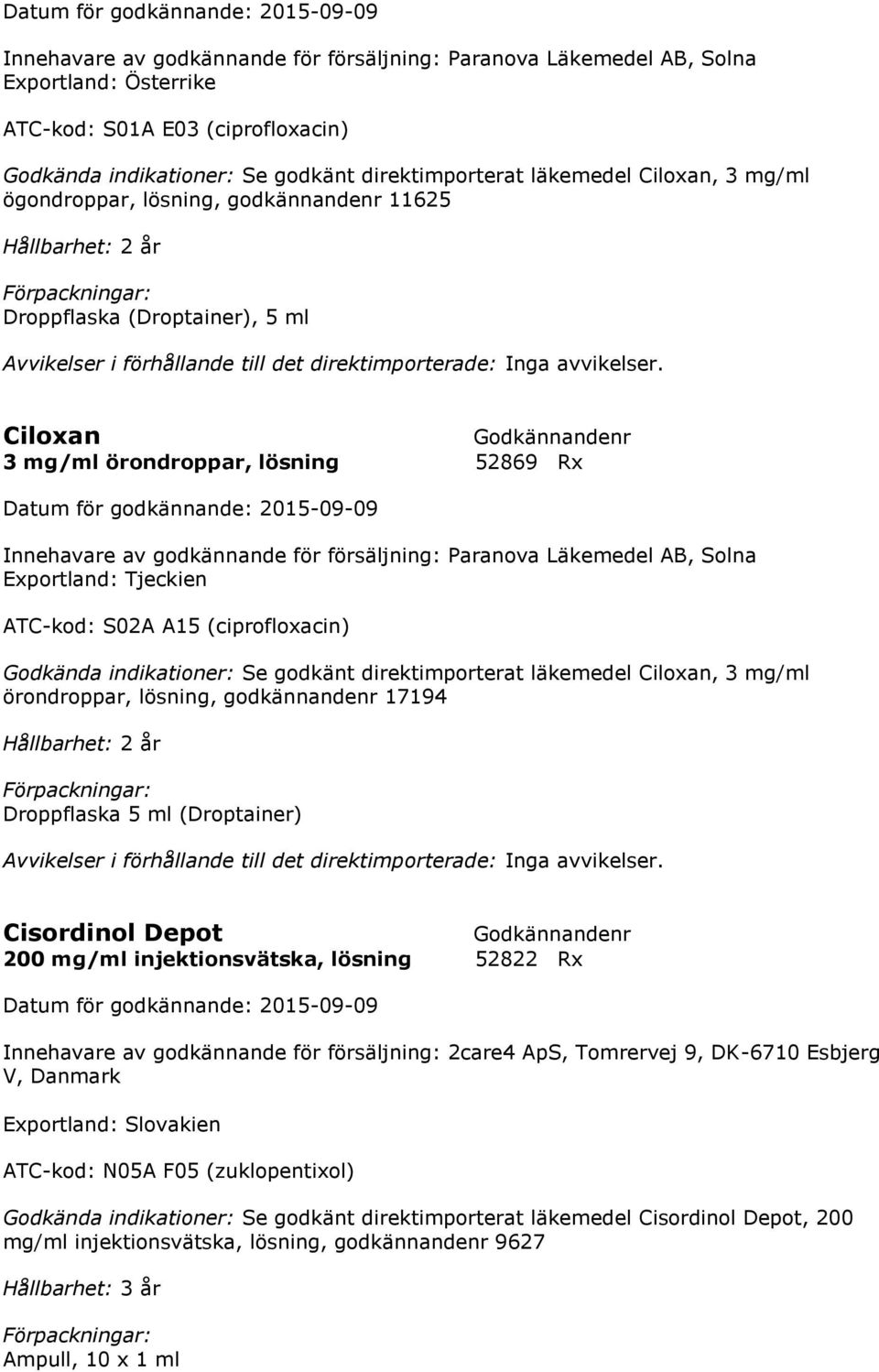 Ciloxan 3 mg/ml örondroppar, lösning 52869 Rx Innehavare av godkännande för försäljning: Paranova Läkemedel AB, Solna Exportland: Tjeckien ATC-kod: S02A A15 (ciprofloxacin) Godkända indikationer: Se