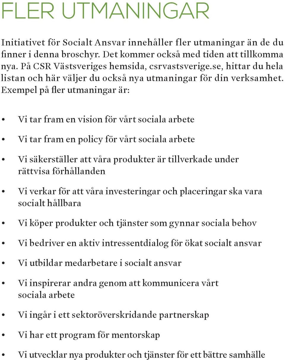 Exempel på fler utmaningar är: Vi tar fram en vision för vårt sociala arbete Vi tar fram en policy för vårt sociala arbete Vi säkerställer att våra produkter är tillverkade under rättvisa